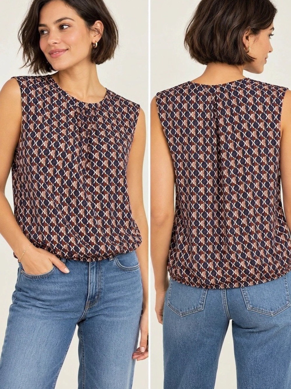 EVEREVE Geometric Sleeveless Top in Blue & Brown Size XS elastic hem